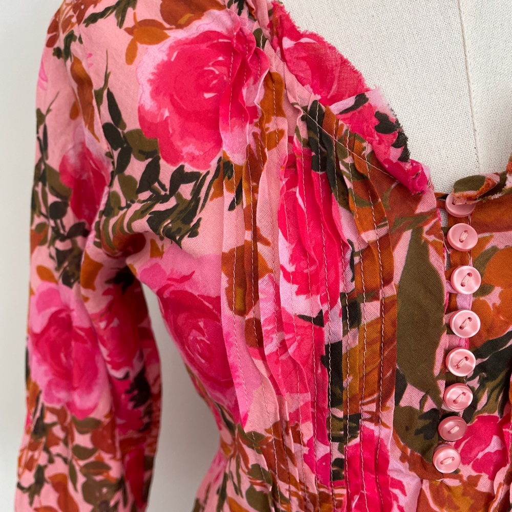 One Season Floral Pink and Green Button-Up Blouse XS - Picture 2 of 9